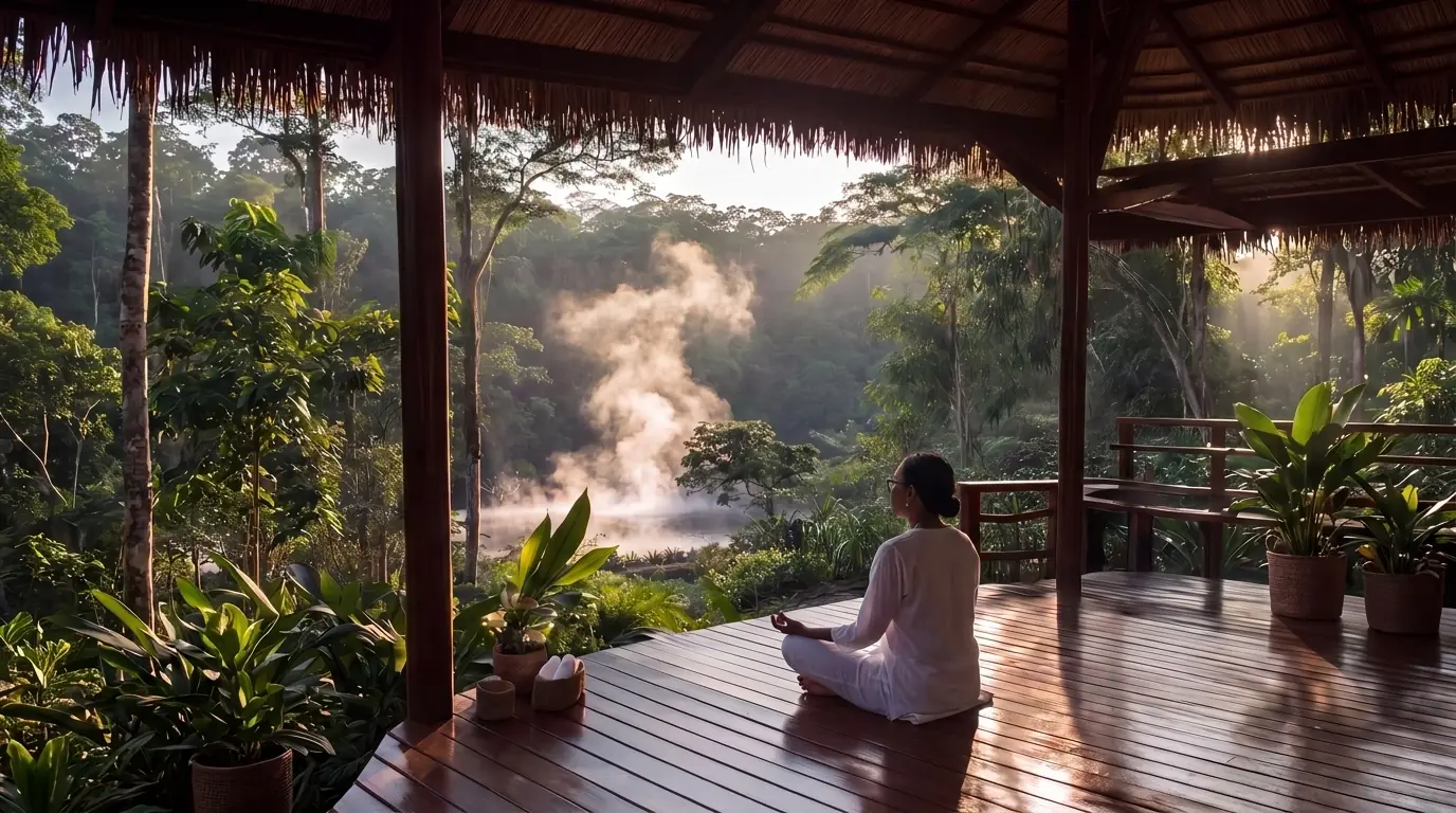 A woman sitting quietly on the deck at CHH Wellbeing, looking out over the treeline in early morning light