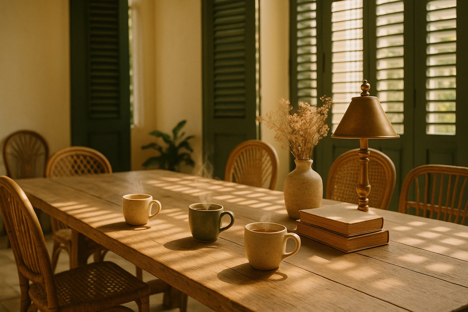 The communal table at CHH Wellbeing in afternoon light