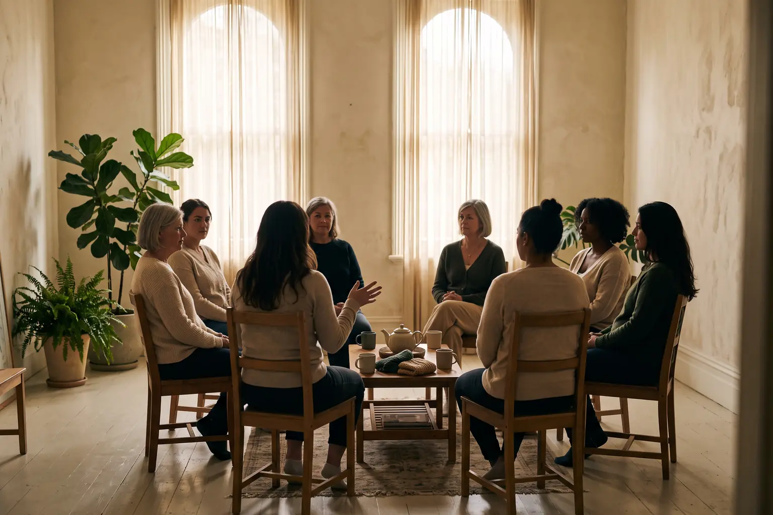 Women seated in a circle on wooden chairs during a support group session